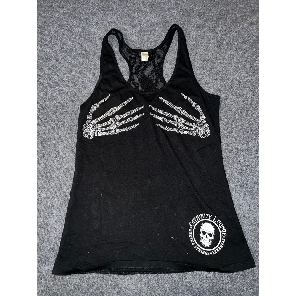 Kavio Cathouse Lounge Black Rhinestone Skeleton Hand Lace Back Tank Top Large